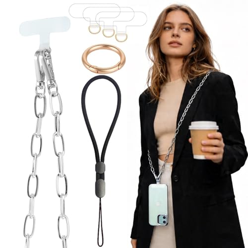 Crossbody Phone Lanyard Chain Shoulder Cell Phones Strap Charm Neck with Wrist Strap Finger Grip 3 Pad Patches Tether Anti Theft Universal for iPhone 17 16 Pro Max 15 14 13 12 Samsung Silver - color: O-silver