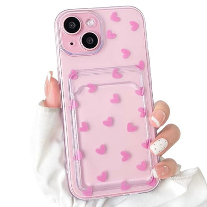 NITITOP Compatible with iPhone 15 Case Clear with Card Holder Cute Pink Love Heart Pattern Design Design Soft TPU Shock-Absorbing Wallet Case Protective Cover - Pink - color: Pink, size: iPhone 15
