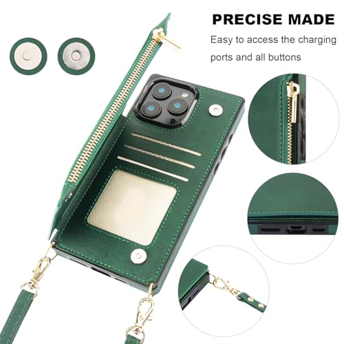 Bocasal Crossbody Wallet Case with Strap for iPhone 16 Pro Max, Green | RFID Blocking Card Slot Holder, Magnetic Flip Folio Purse Case, PU Leather Zipper Handbag Detachable Lanyard Strap 6.9 Inch - color: Green