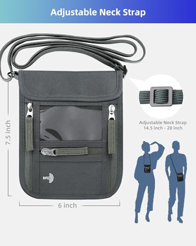 WALNEW Passport Holder Neck Pouch Travel Wallet for Women and Men, RFID Blocking Security Slim Traveling Wallet with Around Neck Lanyard Strap, Gray - color: Gray