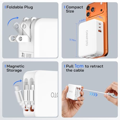 50W Retractable Wall Charger with Dual Cables, Retractable Phone Charger - size: Lightening+Type-C Cables