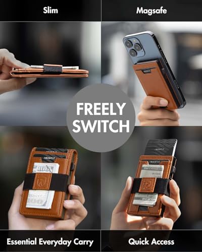 iwantit 3 in 1 Magsafe Wallet Men: Bifold Wallet + Magnetic Wallet for iPhone - Detachable Cash Strap, Smart Pop Up Card Holder, ID Window, Premium Leather (Orange-red) - color: Orange-red