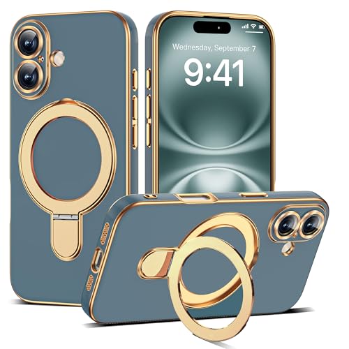Compatible with iPhone 16 Case with Magnetic Ring Stand [Compatible with Mag-Safe] [Full Camera Lens Protector] Soft Plating Phone Case for iPhone 16 6.1", Grey Blue - color: Grey Blue, size: Iphone 16