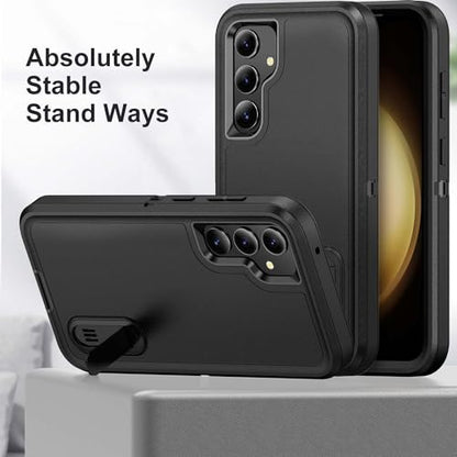for Samsung Galaxy S23 FE Case with Kickstand Case 3-Layer Military Grade Protective Case Cover Silicone Heavy Duty Rugged Shockproof for Galaxy S23 FE Phone Case (Black+Black) - color: Black+Black