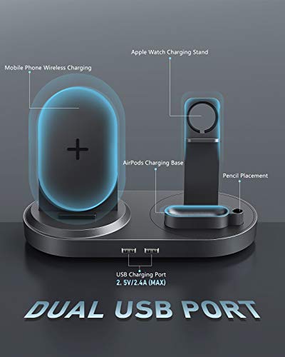 4 in 1 Wireless Charging Station, Fast Charging Dock Stand with 2 USB Ports for Apple Watch, AirPods, Cell Phones, Wireless Charger Compatible with iPhone 12/13/14/15/16 (Gary)