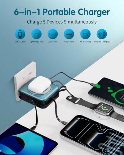 10000mAh for Magsafe Portable Charger Built-in Cables & AC Wall Plug,Blue - color: Blue