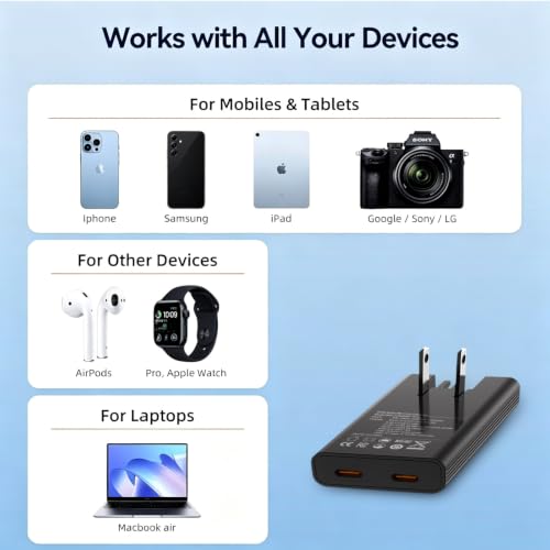 65W GaN Flat USB C Wall Charger with Folding Travel Dual USB-C Port,Fast Charging with PPS for for MacBook, iPhone 17/16/15/14/13/12/11/Pro Max/XS/XR,Galaxy S24/S23/Note20, Pixel 9/8,Black