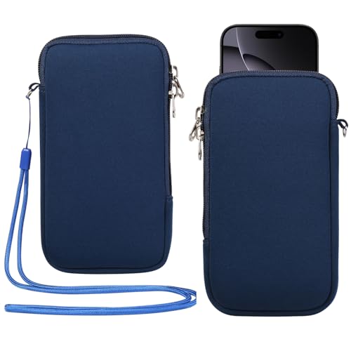 Neoprene Cell Phone Sleeve Zipper Phone Pouch Holder w/Neck Strap Compatible for iPhone 17 Pro Max 16 Plus Galaxy S26 Ultra S26+ S25 FE A17 A36 A56 Oneplus 15 13 Pixel 10 Poco X7 Pro (Blue) - color: Blue