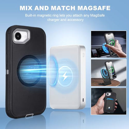 Defender for iPhone 16e Case with Belt Clip and Kickstand, Black Grey 6.1" | Compatible with MagSafe, Heavy Duty Drop Protection, Rugged Shockproof Protective Case for iPhone 16e with Kickstand - color: Black+Grey