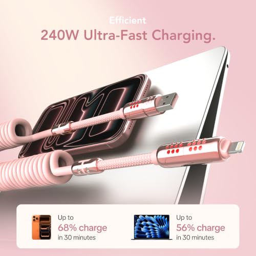MFish 4 in 1 Coiled USB C Cable, 6.6FT, 240W, Pink - color: Pink（Coiled USB C Cable）