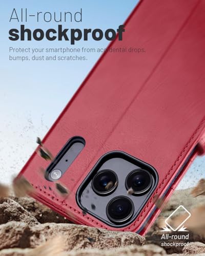 OCASE Compatible with iPhone 17 Pro Wallet Case, PU Leather Flip Folio Case with Card Holders RFID Blocking Kickstand [Shockproof TPU Inner Shell] Phone Cover 6.3 Inch 2025, Red | Card Slot Magnetic Stand Function RFID Blocker Shockproof Leather Case - co