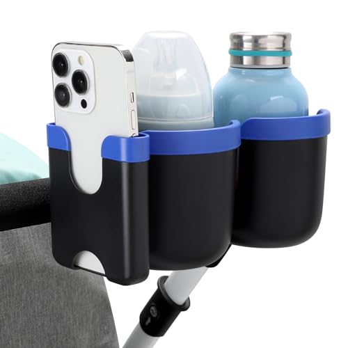 Accmor Stroller Cup Holder with Phone Holder, Bike Cup Holder, Universal Cup Holder for Uppababy Nuna Strollers, 2-in-1 Drinks Holder for Walker, Wheelchair, Scooter - color: Double Holder-Blue