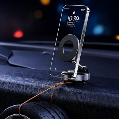 Magnetic Car Phone Mount for Dashboard, Vacuum Suction Phone Holder with Strong MagSafe-Compatible Grip, Foldable Design, 360° Rotation, Dashboard Pad Included, for iPhone & Smartphones