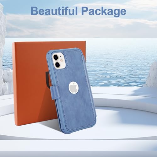 VANAVAGY Wallet Case for iPhone 11 6.1 inch, Blue | 12ft Drop-proof Cover for Women Men, Silm PU Leather, RFID Blocking Card Holder, Wrist Strap, Screen Protector - color: Blue