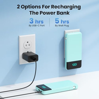 Portable Charger for iPhone with Built-in Cables and Wall Plug,Upgraded 13800mAh Fast Charging USB C Power Bank,4 Outputs Slim Travel Essentials Battery Pack for iPhone 17/16/14,Galaxy,Android-Green - color: Green