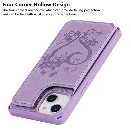 iCoverCase Compatible with iPhone 14 Wallet Phone Case with Card Holder for Women, RFID Blocking Embossed PU Leather Wrist Strap Case 6.1 Inch (Heart Purple) - color: H-Purple
