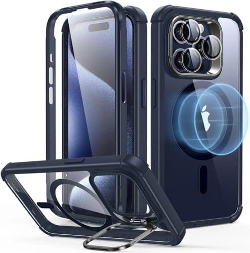 ESR for iPhone 15 Case with Stand, Compatible with MagSafe, Full-Body Military-Grade Drop Proof Case with Built-in 9H+ Tempered Glass Screen Protector, Armor Series, Clear Dark Blue - color: Clear Dark Blue
