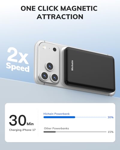 Hichain Magnetic Portable Charger, 5000mAh Wireless Magnetic Power Bank for iPhone 17-12 Series, Magnetic Battery Pack Safe Charging with 60W USB C Charging Cable - Black - color: Black