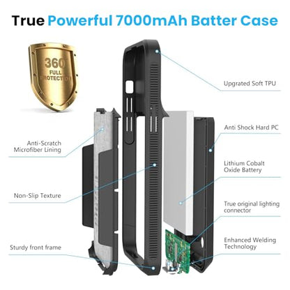 BOPPS Battery Case for iPhone 14/14 Pro/13/13 Pro【2026 New】 Slim Powerful 7000mAh Portable Charger Case 360°Protection Rechargeable Extended Charging case for iPhone 13，14 Series 6.1inch,(Black)