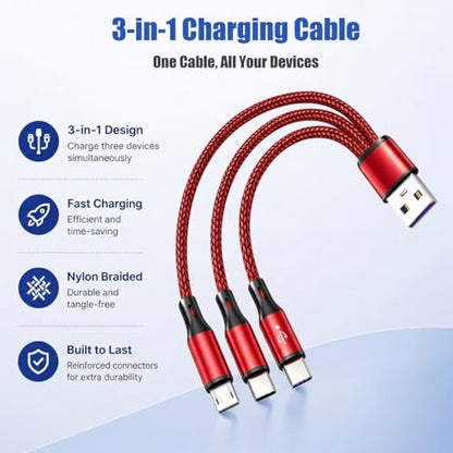 Multi Charging Cable, 3 in 1 USB Charging Cable for Multiple Devices, Red Braided Short 0.65FT USB A to 2 USB C + 1 Micro USB Splitter, 5A Fast Charge Compatible with Phone Tablets and More