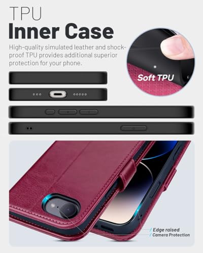 OCASE for iPhone 17e/iPhone 16e Wallet Case, Card Holder, Burgundy | RFID Blocking, Kickstand, Magnetic Closure, PU Leather Flip Folio, Shockproof TPU Shell, Protective Phone Cover (6.1") - color: Burgundy