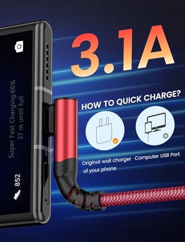 Red 2 Pack 10FT 60W/3A Nylon Braided USB C to USB C Cable, Right Angle 90 Degree, Fast Charging for iPhone 16/15, iPad Pro/Mini/Air, MacBook, Samsung Galaxy S24 and More - color: Red