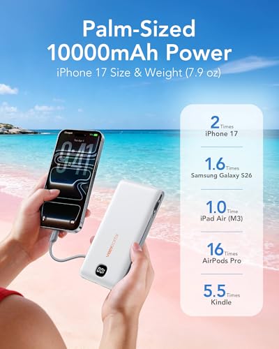 VEEKTOMX Portable Charger with Built-in Cables and AC Wall Plug, 10000mAh - color: Matte White