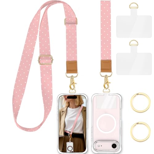 Phone Lanyard Crossbody Strap, Adjustable Neck Strap and Wristlet Strap for Phone Wallet ID Badge with 2 Phone Tabs - color: Pink White Dots