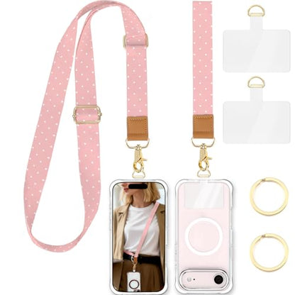 Phone Lanyard Crossbody Strap, Adjustable Neck Strap and Wristlet Strap for Phone Wallet ID Badge with 2 Phone Tabs - color: Pink White Dots