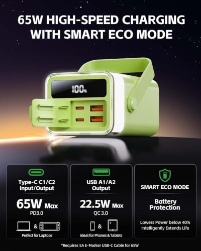 65W Power Bank 40000mAh Laptop Portable Charger Battery Pack - Green - color: Mint Green