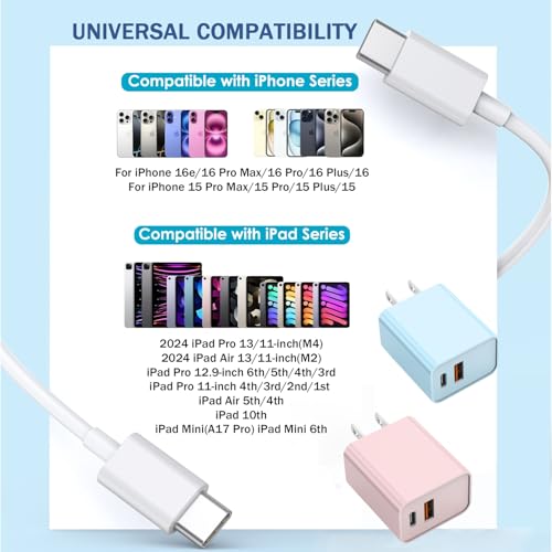 10FT iPhone 17/16e Fast Charger,2Pack 20W Dual Port USBA+C QC Apple Adapter - color: Blue/Pink