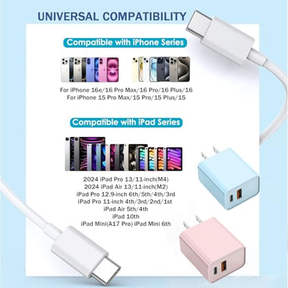 10FT iPhone 17/16e Fast Charger,2Pack 20W Dual Port USBA+C QC Apple Adapter - color: Blue/Pink