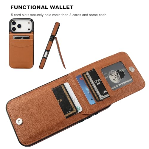KIHUWEY for iPhone 17 Pro Max Wallet Case Card Holder, Lichee Light Brown | Credit Card Slots, PU Leather, Kickstand, Flip Heavy Duty Protection Cover for Men and Women - color: Lichee Light Brown