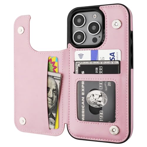 ONETOP for iPhone 16 Pro Wallet Case with Credit Card Holder,Pink | Kickstand,ID/Cash Holder,Case Wallet with Card Slots,Double Magnetic Clasp,Durable PU Leather Shockproof Cover for Women Men - color: Pink