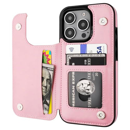 ONETOP for iPhone 16 Pro Wallet Case with Credit Card Holder,Pink | Kickstand,ID/Cash Holder,Case Wallet with Card Slots,Double Magnetic Clasp,Durable PU Leather Shockproof Cover for Women Men - color: Pink