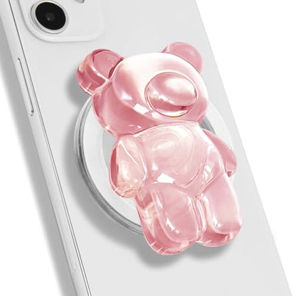 On The Grip Magnetic 3D Gummy Bear Style Expandable Collapsible Mobile Phone Grip Stand Holder for Smartphone Tablet Cell Phone Accessory (Clear Pink)