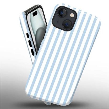 Compatible with iPhone 15 Plus Case,Glossy 2-in-1 Sleek All-Inclusive Dual-Layer Material Soft TPU + PC Back for Blue Stripes Geometric Pastel Summer Beach - color: Blue Stripes Geometric Pastel Summer Beach-Glossy, size: iPhone 15 Plus