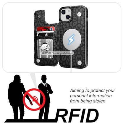 HAOPINSH for iPhone 14 Case Wallet Compatible with MagSafe Wireless Charging, Black Leopard Pattern Back Flip Folio RFID Blocking Leather Kickstand Card Slots Case Double Magnetic Clasp Cover 6.1" - color: Black Leopard MagSafe