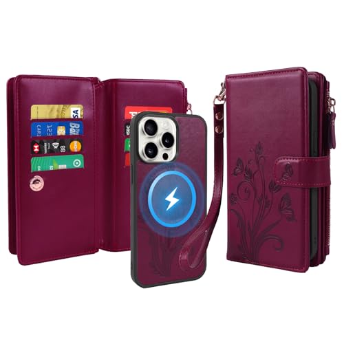 for iPhone 16e/17e Case Wallet,Compatible with MagSafe Magnetic 2 in 1 Magnetic Detachable PU Leather RFID Blocking Wallet Cover Card Holder Zipper Wrist Strap Lanyard,Floral Wine Red - color: Wine Red