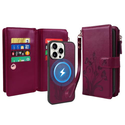 for iPhone 16e/17e Case Wallet,Compatible with MagSafe Magnetic 2 in 1 Magnetic Detachable PU Leather RFID Blocking Wallet Cover Card Holder Zipper Wrist Strap Lanyard,Floral Wine Red - color: Wine Red