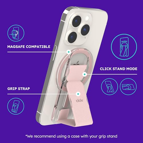 CLCKR Finger Phone Grip for MagSafe Stand, Phone Grip Loop Holder with Kickstand, Magnetic Phone Grip Holder, for iPhone 16/15/14/13/12 Pro Max Plus Series, Clear Pink - color: Pink