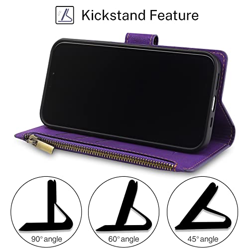 Antsturdy for iPhone 13 Pro Phone Wallet Case Women,(Purple) | RFID Blocking,with Credit Card Holder Slots,PU Leather Purse,Zipper Pocket,Wrist Strap Kickstand,Flip Folio Cover for Men - color: Z - Purple