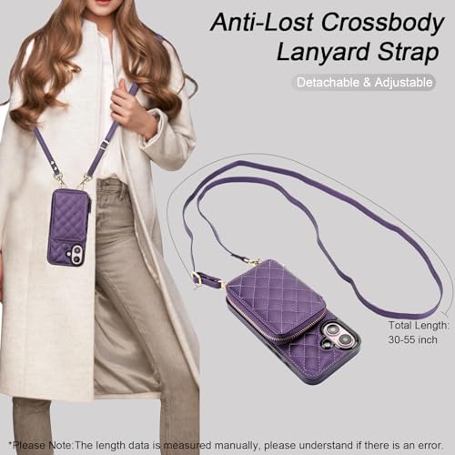 Bocasal Crossbody Wallet Case Card Holder for iPhone 16, Dark Purple | RFID Blocking PU Leather Zipper Handbag Purse, Kickstand Flip Folio Case with Card Slots Holder Wrist Strap Lanyard 6.1 Inch - color: Dark Purple