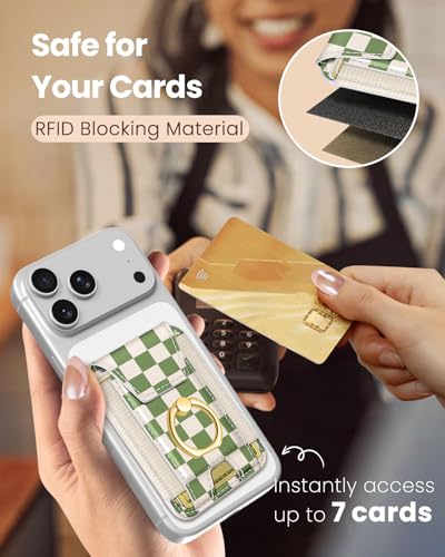 Shorogyt Compatible with Magsafe Wallet with Ring Grip Magnetic Card Holder - Cute Phone Wallets with Stand for iPhone 17/16/15/14/13/12 Series for Women Girls Green Grid Design, Fit 7 Cards - color: Green Grid
