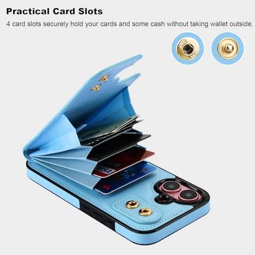 Folosu Compatible with iPhone 16 Case Wallet with Card Holder, 360°Rotation Finger Ring Holder Kickstand, RFID Blocking Leather Protective Double Buttons Shockproof Cover 6.1 Inch Blue - color: Blue