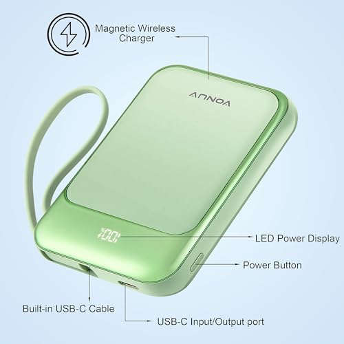 Magnetic Power Bank 10000mAh, Wireless Portable Charger with 15W Max Fast Charging & Built-in USB-C Cable, 22.5W PD LED Display Battery Pack Compatible with iPhone 17/16/15, Samsung Galaxy(green) - color: Green