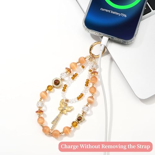 WOZEAH Phone Charm for Women, Beaded Wrist Strap Lanyard with Tether Tab – Anti-Theft Hands-Free Detachable Phone Chain Wristlet - color: Amber Butterfly Tassel