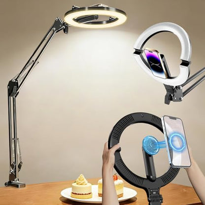 Magnetic Overhead Ring Light for Desk, 10” Selfie Light with Stand Tripod for iPhone, Adjustable Overhead Phone Mount with MagSafe-Compatible Holder for Recording, YouTube Video, Live Streaming