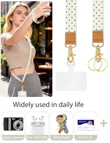 Phone Lanyard Crossbody Strap, Adjustable Neck Strap and Wristlet Strap for Phone Wallet ID Badge with 2 Phone Tabs - color: Beige Polka Dots