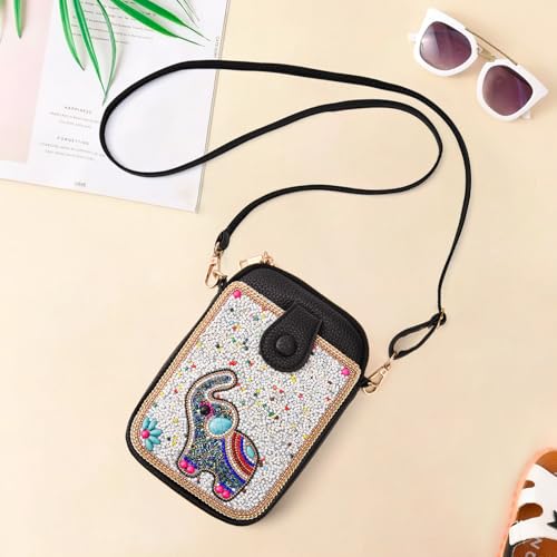 Women's Small Crossbody Cell Phone Bag, Boho Colorful Beaded Purse Wallet with Handmade Cute Patterns - color: Elephant-white